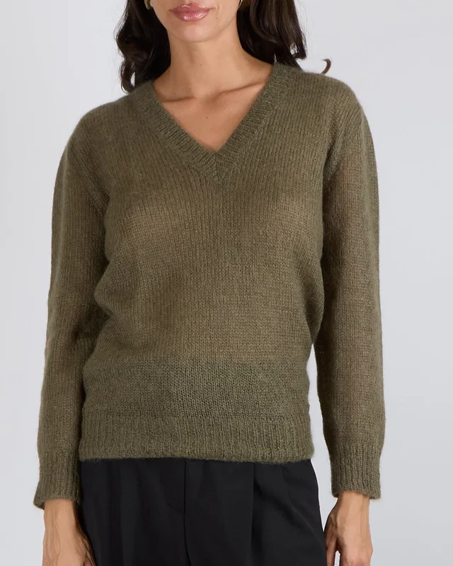 Gucci Khaki Mohair V-Neck Knit Jumper with GG Logo Detail Size S (UK 8) in Green Wool from Sellier