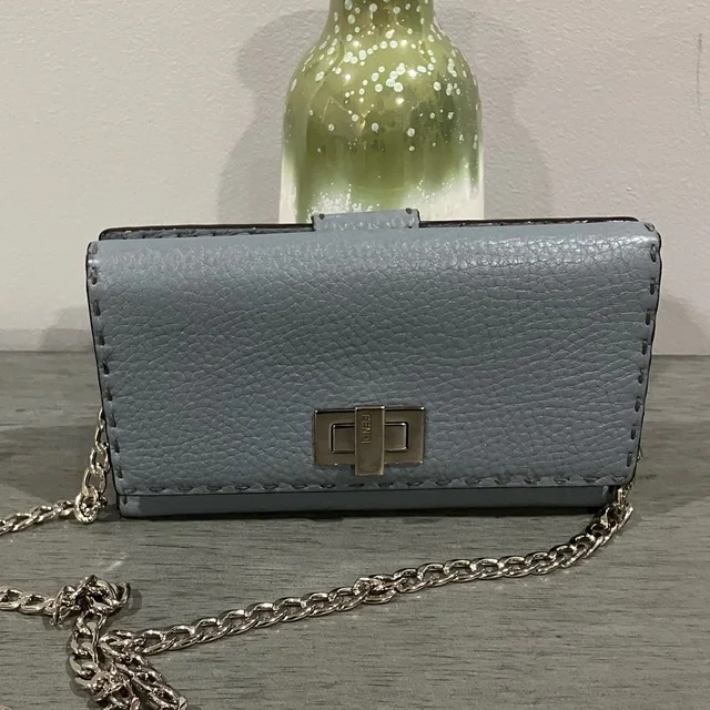 Fendi Grey Selleria Pebbled Leather Peekaboo Wallet With Chain in gray Leather from Poshmark