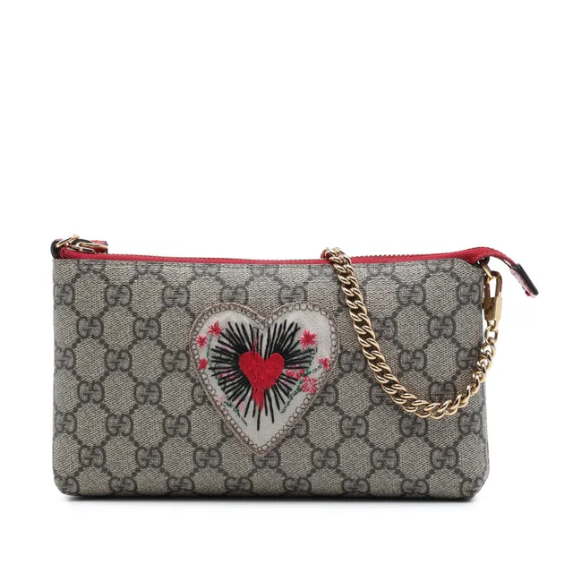 Beige Gucci GG Supreme Embroidered Heart Chain Pochette Shoulder Bag in Beige Coated canvas from Designer Revival