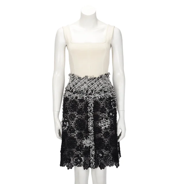 Chanel Lace Floral Applique Skirt FR 36 in Black & White from Blue Spinach