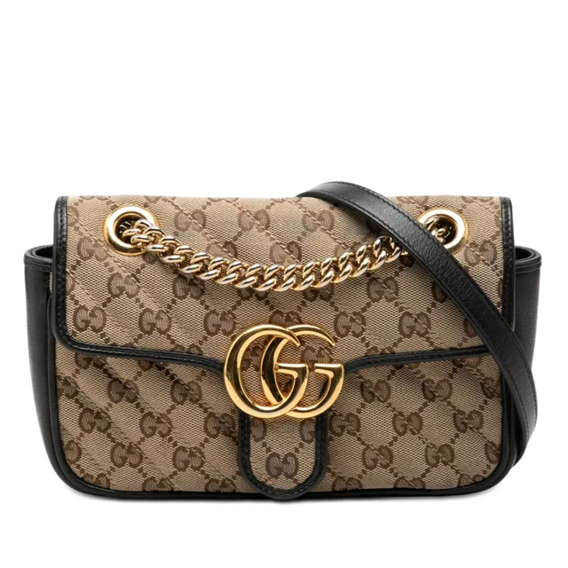 Black Gucci Small GG Marmont Matelasse Diagonal GG Canvas and Leather Shoulder Bag in Black Canvas from Designer Revival