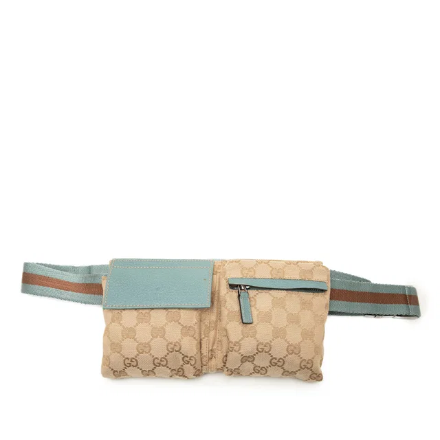 Beige Gucci GG Canvas Web Double Pocket Belt Bag in Beige Canvas from Designer Revival