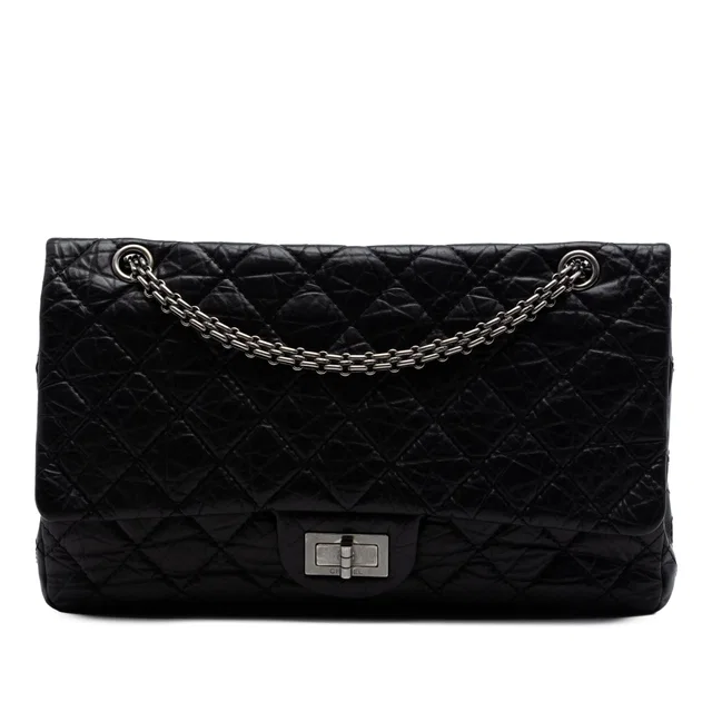 Black Chanel Quilted Aged Calfskin Reissue 2.55 Double Flap 227 Shoulder Bag in Black Calfskin from Designer Revival
