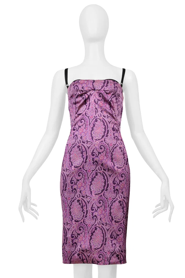 Dolce & Gabbana Purple Paisley Print Body Con Dress in Purple Satin from Resurrection Vintage