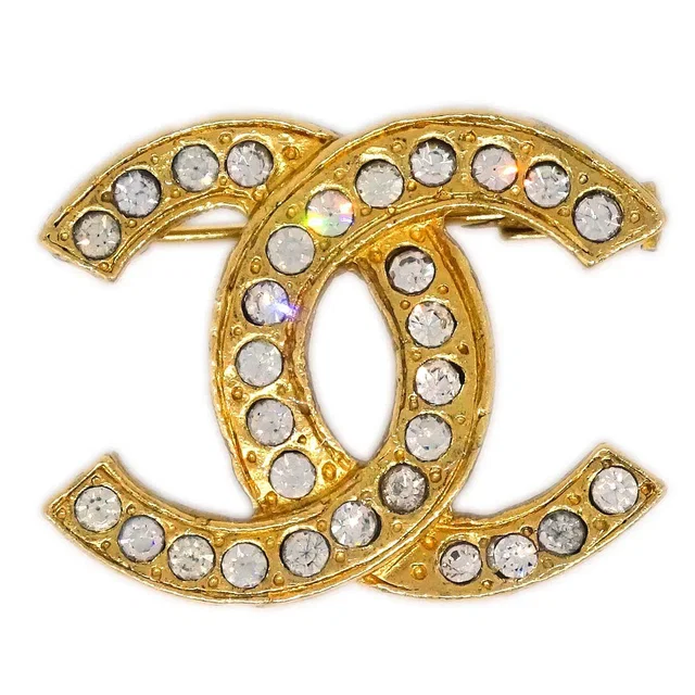 Chanel CC Brooch Pin Gold Rhinestone in Gold from AMORE Vintage Tokyo