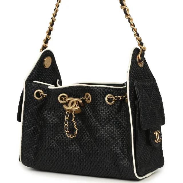 Chanel Mini 25 Hobo Bag Black Raffia and White Calfskin Antique Gold Hardware in Black Raffia from Madison Avenue Couture, photo 3 of 9