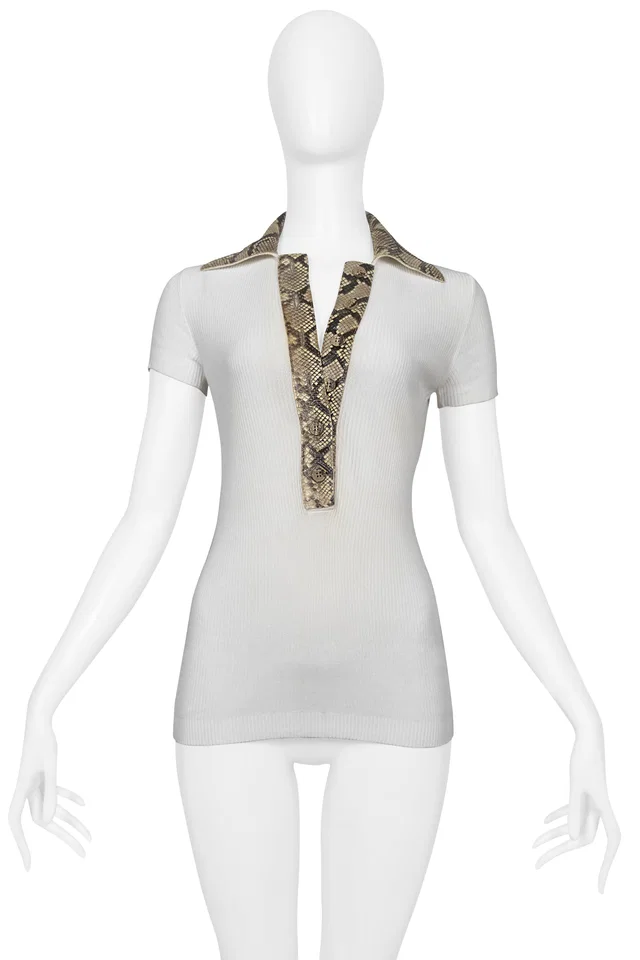 Dolce & Gabbana White Ribbed Knit Top With Python-effect Leather Trim Collar & Buttons 2005 in White Python from Resurrection Vintage