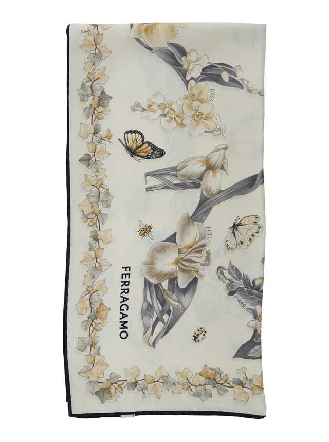 Ferragamo Floral Print Silk Scarf — Beige Scarfs in Beige Silk from HEWI