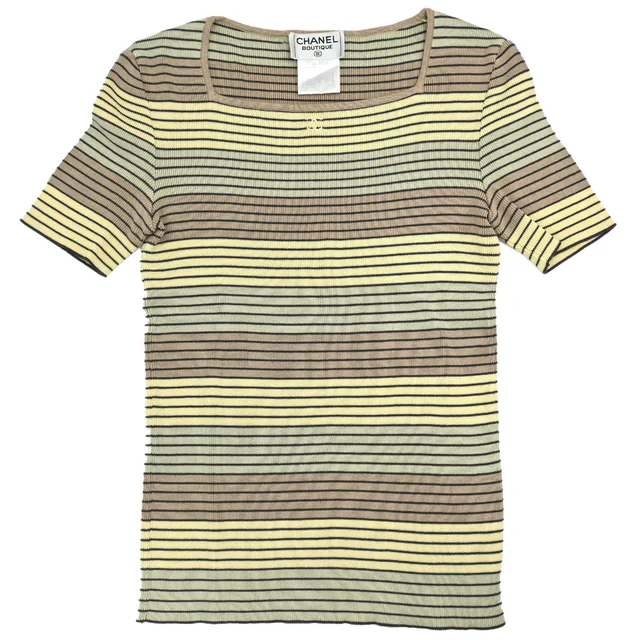 Chanel 1998 Short Sleeve Top Striped Yellow #36 in Yellow from AMORE Vintage Tokyo