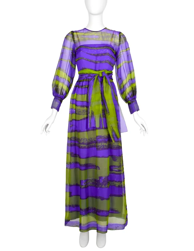 Givenchy Haute Couture Vintage SS 1970 Purple Green Sheer Silk Organza Gown in Green Silk from Amarcord Vintage Fashion