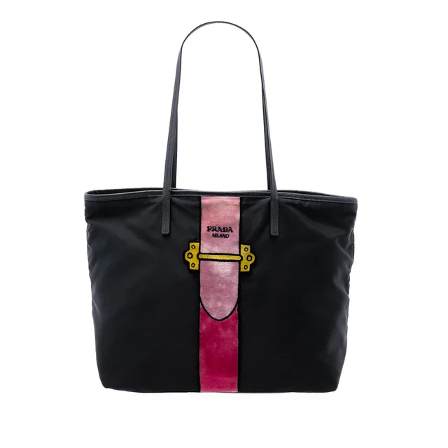 Black Prada Tessuto Velluto Ricamo Trompe L oeil Tote in Black Saffiano leather from Designer Revival