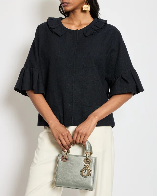Valentino Garavani Vintage Navy Blue Cropped Sleeve Jacket With Ruffle Neckline Detail in Navy from Sellier