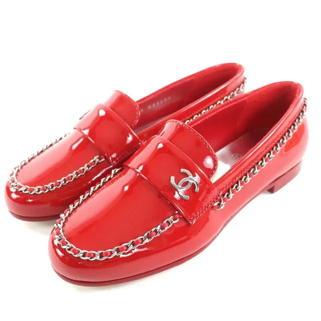 Chanel With Coco Mark Parts Patent Leather Chain Loafers Red in Red Patent leather from The Reluxe
