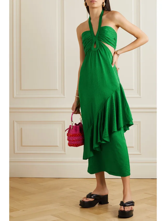 JOHANNA ORTIZ Balladist ruffled cutout satin-jacquard halterneck midi dress in Green, photo 2 of 2 from NET-A-PORTER (Canada)