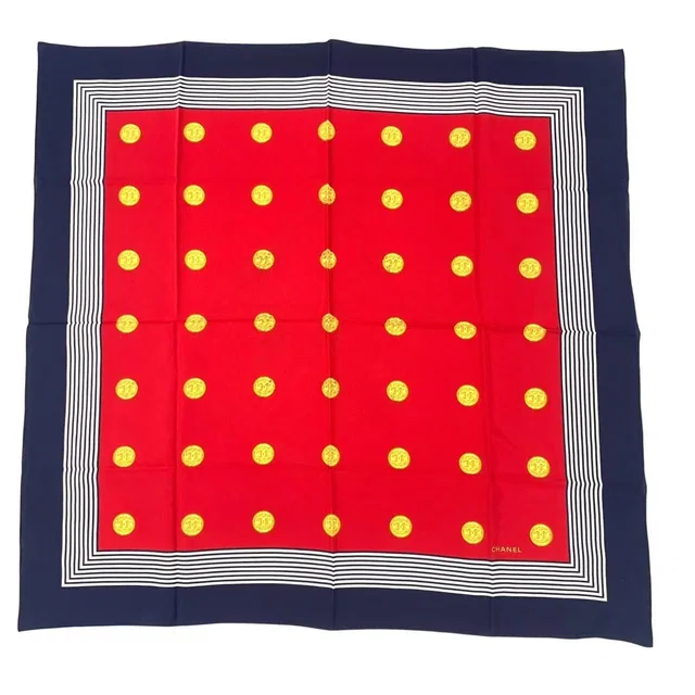 Chanel Scarf Silk CC Logo Gold Coin Pattern Red Multicolor in Red Silk from The Reluxe