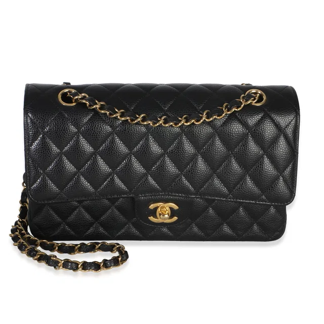 Chanel Black Quilted Caviar Medium Classic Double Flap Handbag in Black Caviar leather from myGemma