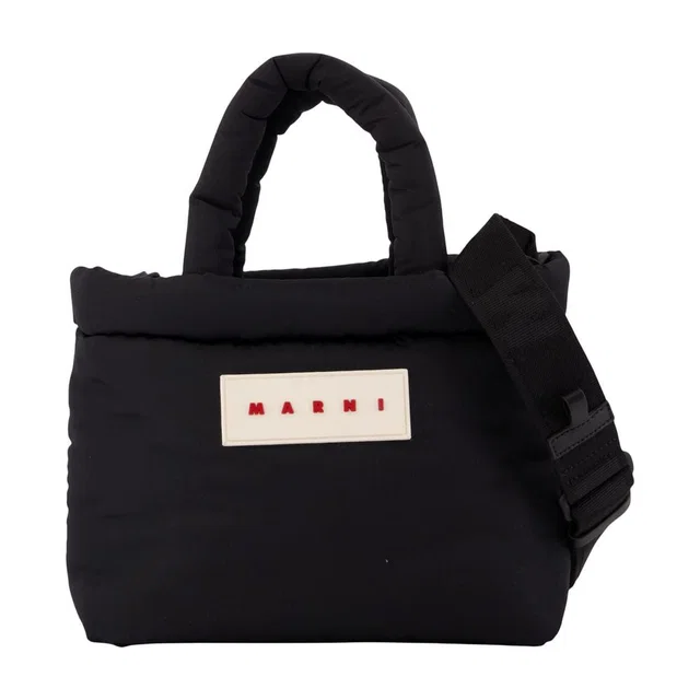 Marni Puffy Nylon Logo-Patch Top Handle Bag — Black Synthetic in Black Nylon from HEWI