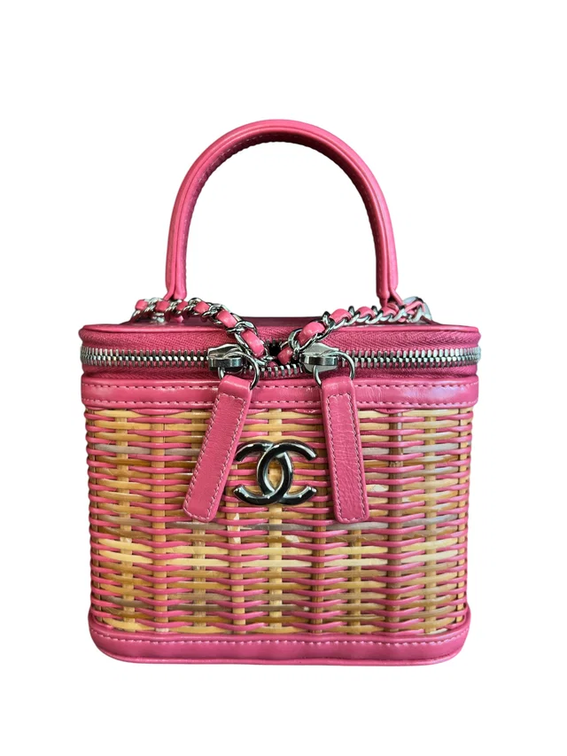 Chanel Rattan Vanity Pink Top Handle PHW in Pink Raffia from Luxury Promise