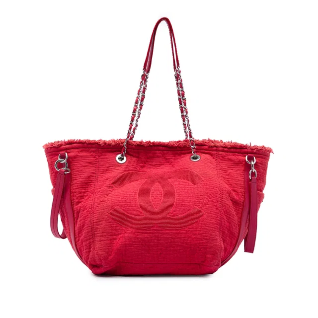 Red Chanel CC Fringe Canvas Tote in Red Canvas from Designer Revival