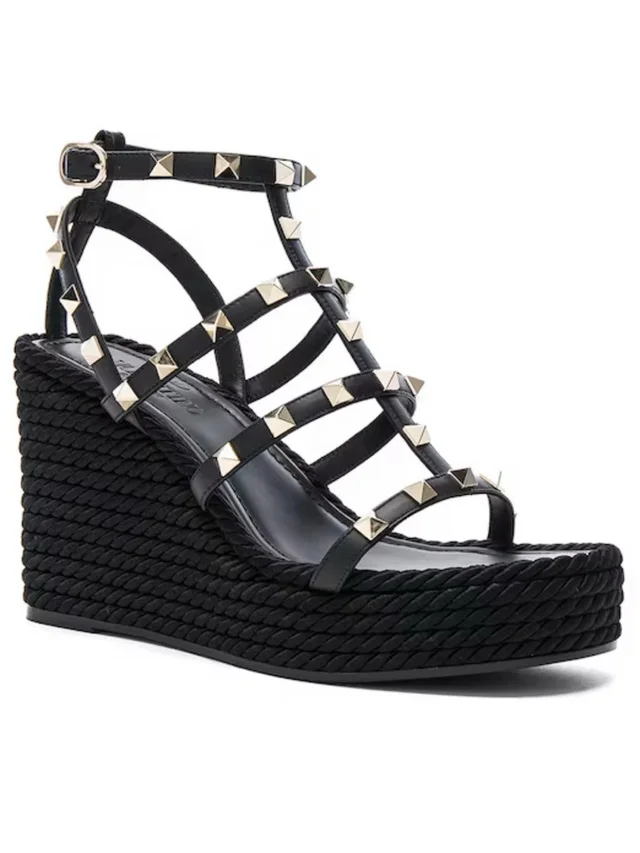 Valentino Garavani Black Studded Rope Wedge Sandals in black|gold Leather from Poshmark