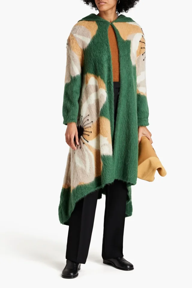Valentino Garavani Jacquard-Knit Mohair-Blend Hooded Coat in Green, photo 2 of 4 from THE OUTNET
