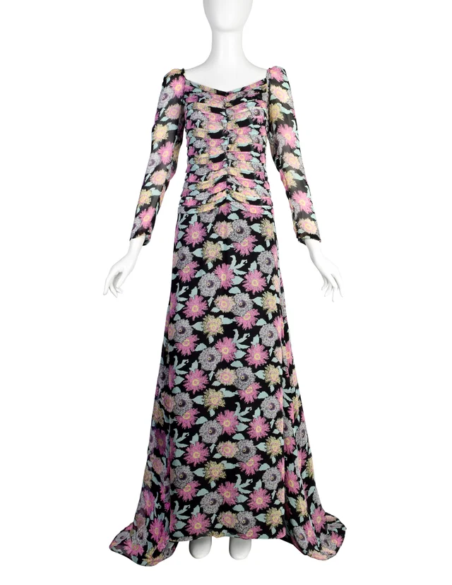 Fendi Vintage 1990s Black Pink Floral Silk Gown with Train in Black Silk from Amarcord Vintage Fashion
