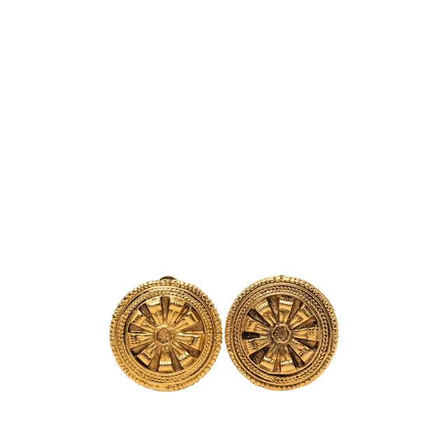 Gold Chanel Gold Plated Round Floral Shield Clip On Earrings in Gold from Designer Revival