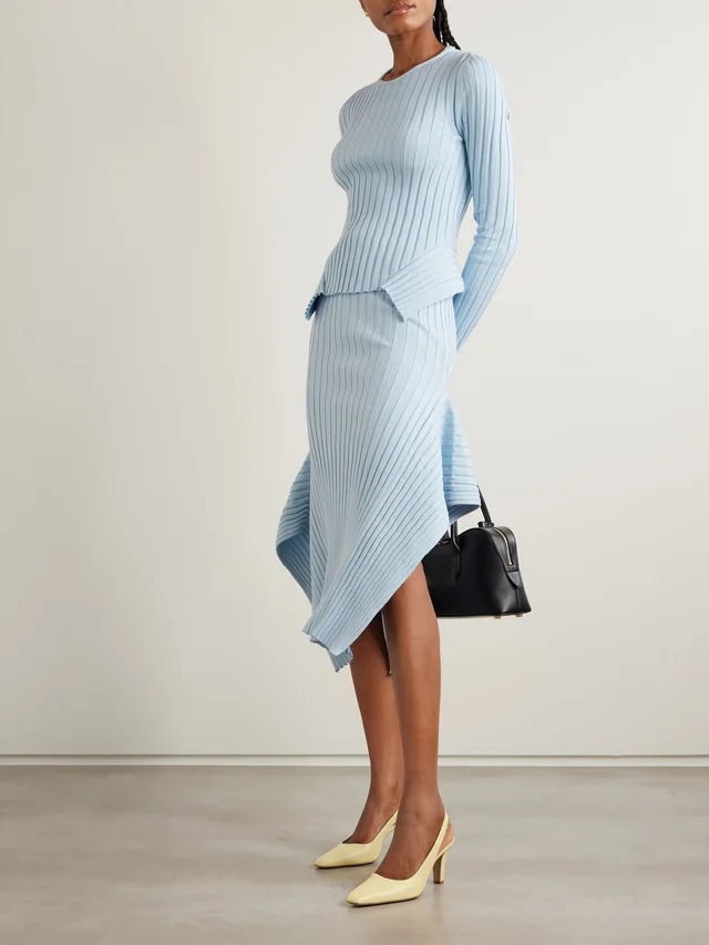 STELLA MCCARTNEY Asymmetric ribbed organic cotton midi skirt in Blue, photo 2 of 2 from NET-A-PORTER (Canada)