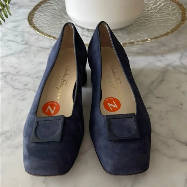 Ferragamo Navy Blue Suede Block Heel Pumps in blue Suede from Poshmark
