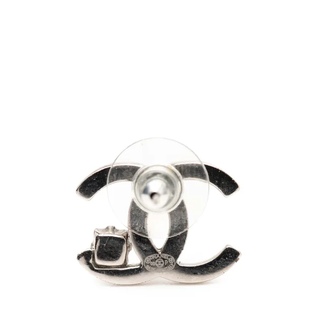 Silver Chanel Silver Plated CC Rhinestone Push Back Earrings in Silver from Designer Revival, photo 2 of 2
