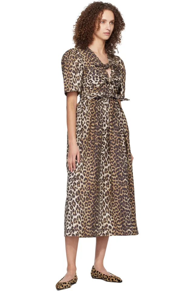 GANNI Brown & Black Leopard Printed Cotton Midi Dress, photo 4 of 4 from SSENSE