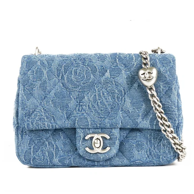 Chanel Camellia Denim Flap Blue Silver Chain Shoulder Bag in Blue Denim from The Reluxe