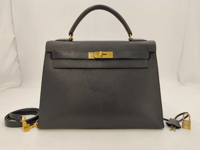 (12473_0044) HERMÈS Kelly 32 handbag Noir Ardennes Couture exterior ST Gravure ○U Sac in Black Box leather from Luxury Promise