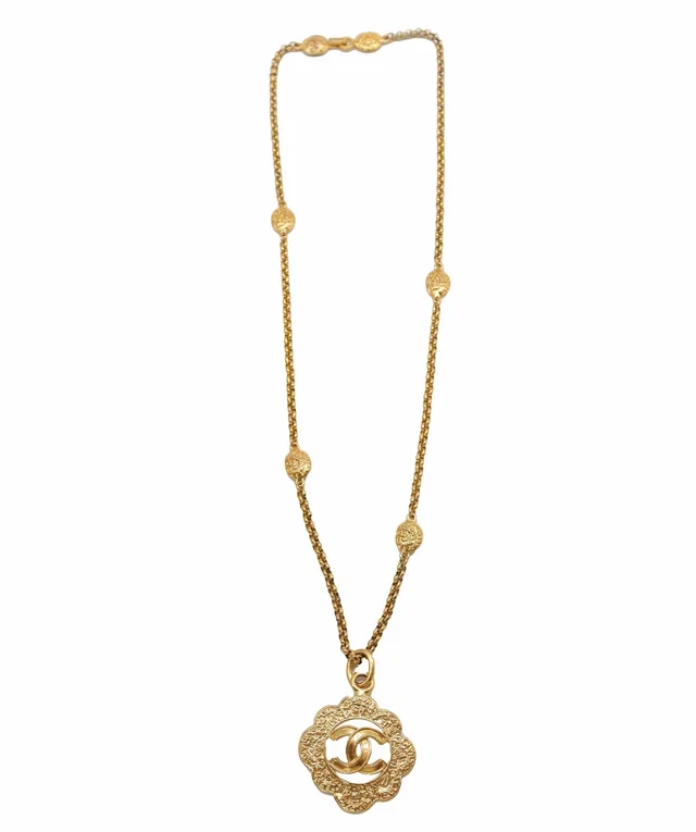Chanel Vintage Gold CC Logo Chain Pendant Necklace in Gold Leather from Luxury Promise