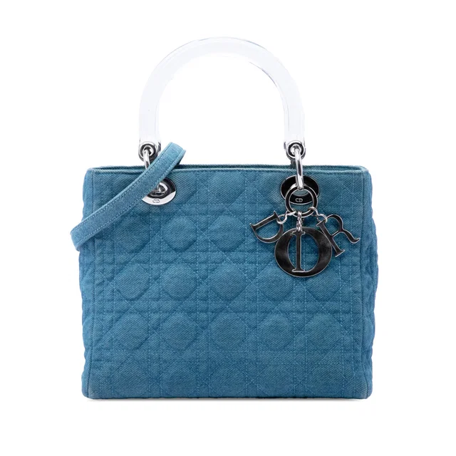 Blue Dior Medium Denim Cannage Acrylic Handles Lady Dior Satchel in Blue Denim from Designer Revival