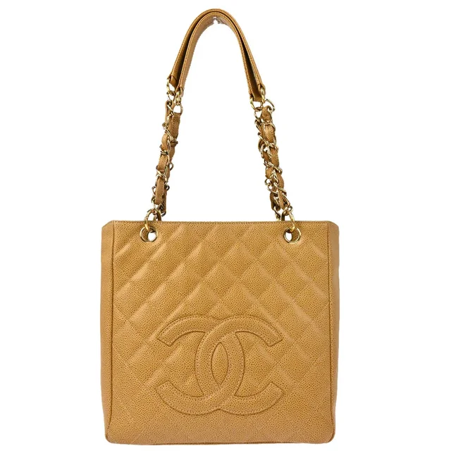 Chanel 2003-2004 Beige Caviar Petite Shopping Tote PST Chain Handbag in Beige Caviar leather from AMORE Vintage Tokyo