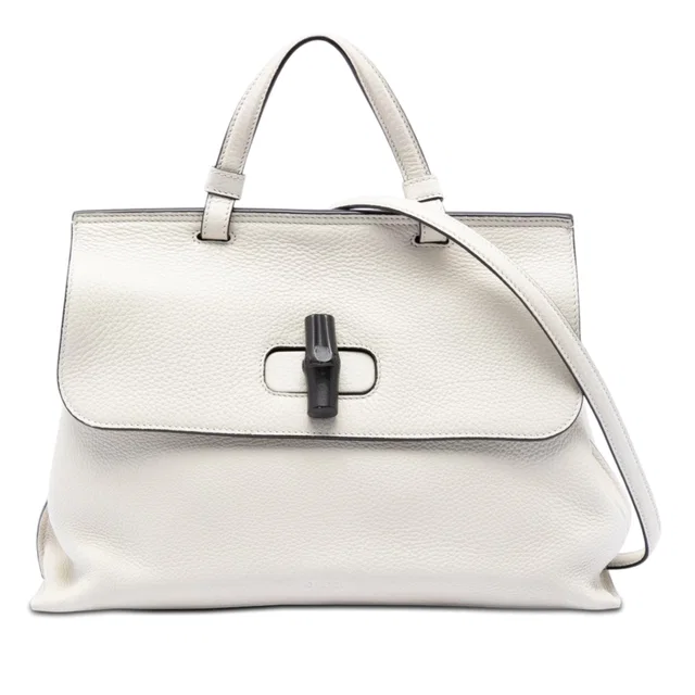 White Gucci Medium Calfskin Bamboo Daily Satchel in White Calfskin from Designer Revival