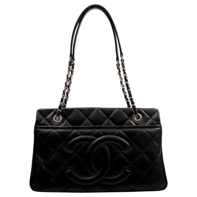 Chanel Circa 2014 Caviar Skin CC Logo Stitched Chain Tote Bag Black in Black Caviar leather from VINTAGE QOO TOKYO