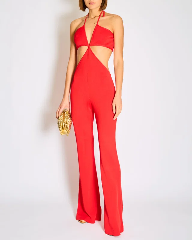 Balmain Cut-Out Red Rubbed Jumpsuit with Flared Trousers FR 38 (UK 10) in Red from Sellier