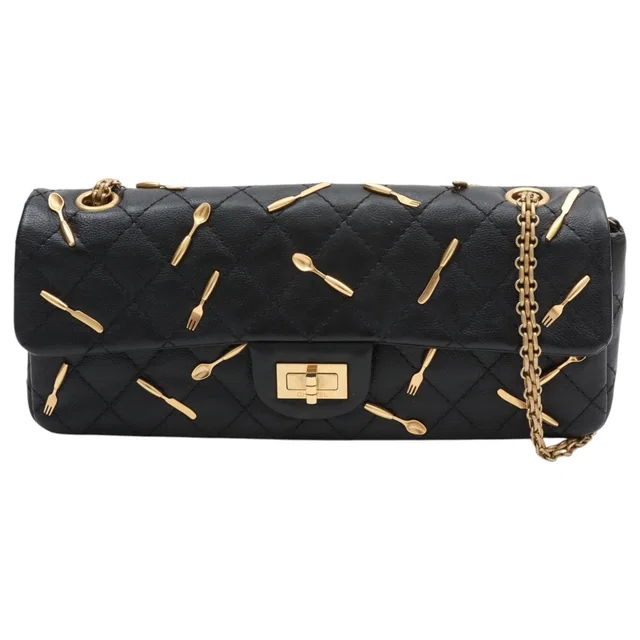 Chanel 2016 model Cutlery Motif 2.55 Chain Shoulder Bag Black in Black Lambskin from VINTAGE QOO TOKYO