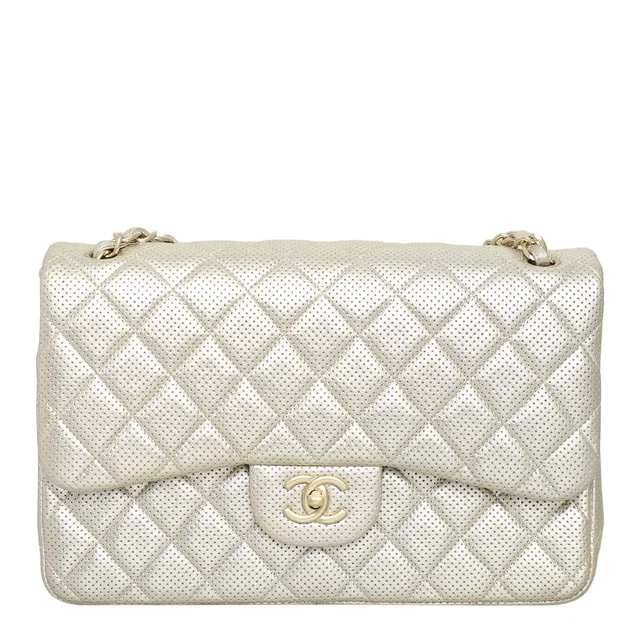 Chanel Champagne Gold Metallic Perforated Jumbo Classic Double Flap Bag in Gold Leather from Luxury Promise