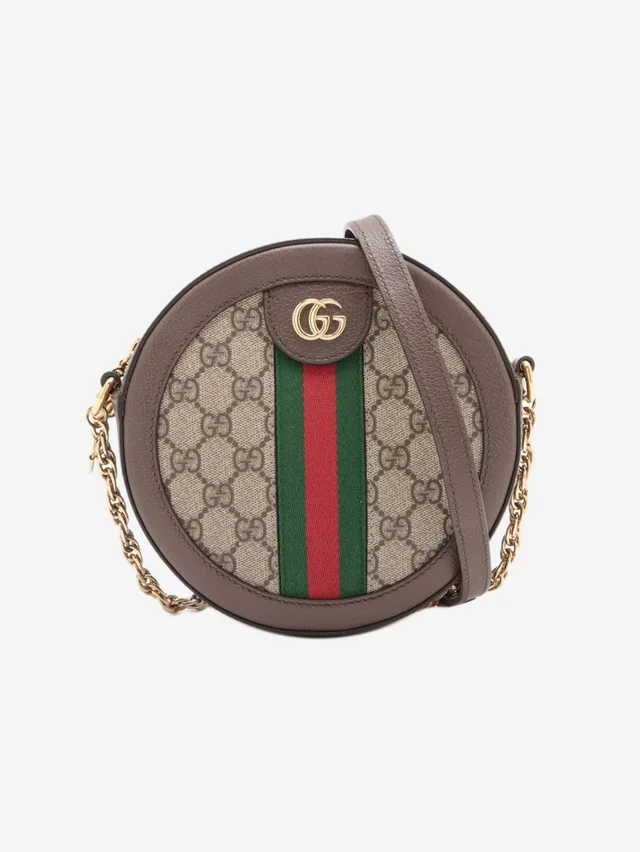 Gucci Brown GG Ophidia mini round chain shoulder bag in Brown Coated canvas from Sign of the Times
