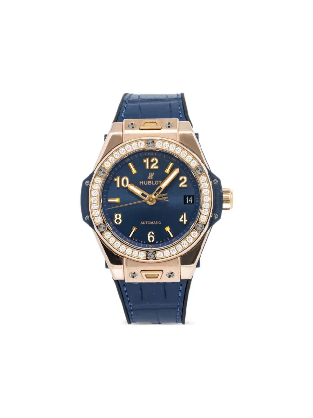 Hublot pre-owned Big Bang 40mm - men - 18kt Rose Gold/Titanium/Diamond/Leather - One Size - Blue in blue Leather from Farfetch