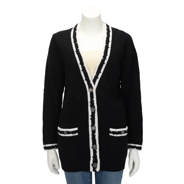 Chanel Knit Striped CC Cardigan FR 38 in Black & White Cashmere from Blue Spinach