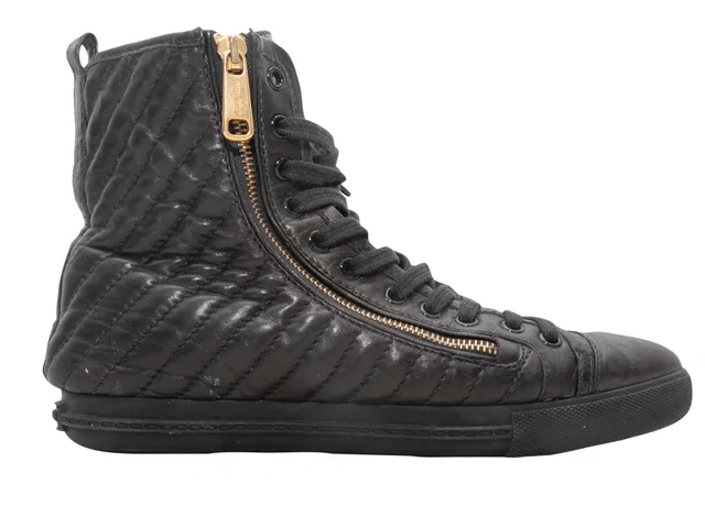 Miu Miu Black Miu Pointed-Toe Quilted Leather High-Top Sneakers Size 39 in Black Leather from Designer Revival