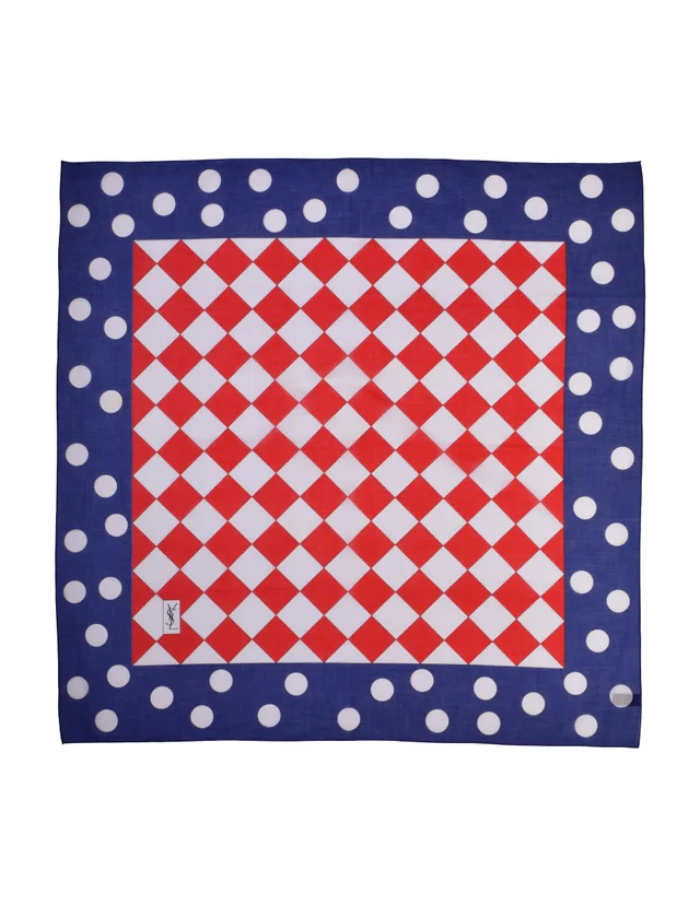 Saint Laurent Vintage Red White Blue Harlequin Checkerboard Polka Dot Cotton Scarf in White from Amarcord Vintage Fashion
