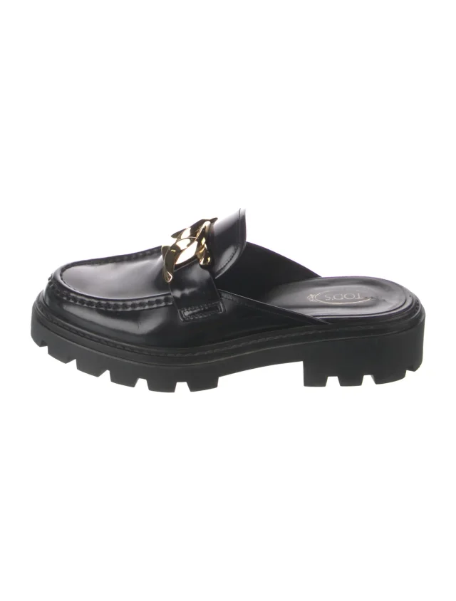 Tod's Leather Chain-Link Accents Mules in black Leather from The RealReal
