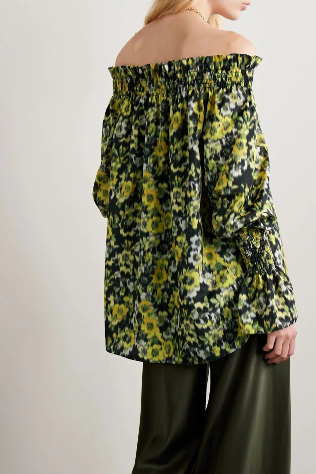 Adam Lippes Sade Off-the-Shoulder Shirred Floral-Print Taffeta Top in Green, photo 3 of 4 from THE OUTNET
