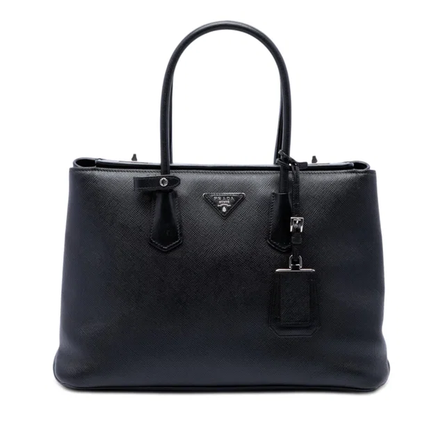 Black Prada Saffiano Cuir Turnlock Twin Satchel in Black Saffiano leather from Designer Revival