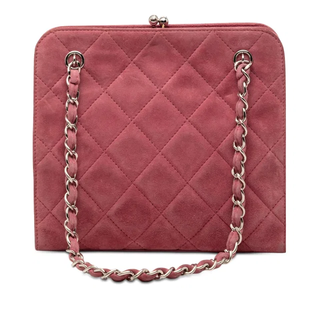 Pink Chanel CC Quilted Suede Kiss Lock Handbag in Pink Suede from Designer Revival